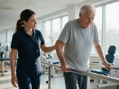 A physical therapist steadies an older man as he walks between parallel bars in the rehabilitation gym